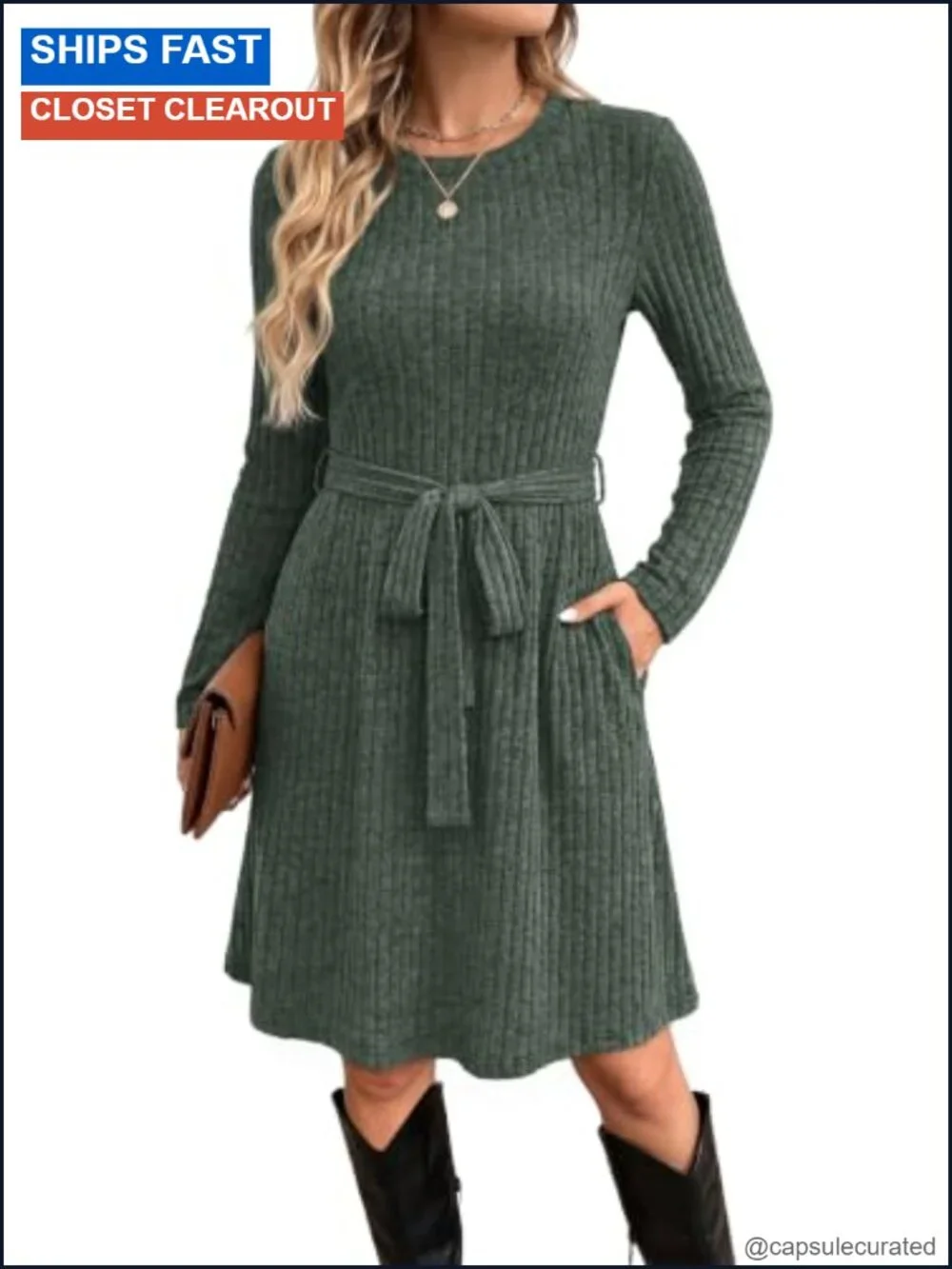 Women's Long Sleeve Sweater Dress with Pockets Crew Neck Midi A-Line Sash